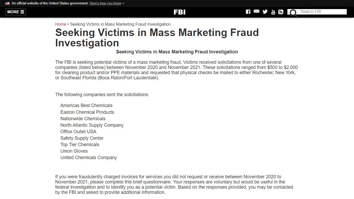 Seeking Victims in Mass Marketing Fraud Investigation - FBI